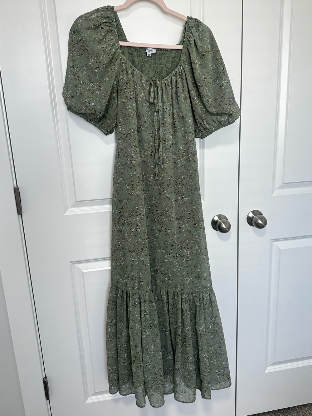 Sage Green Floral Midi Dress With Smocked Back